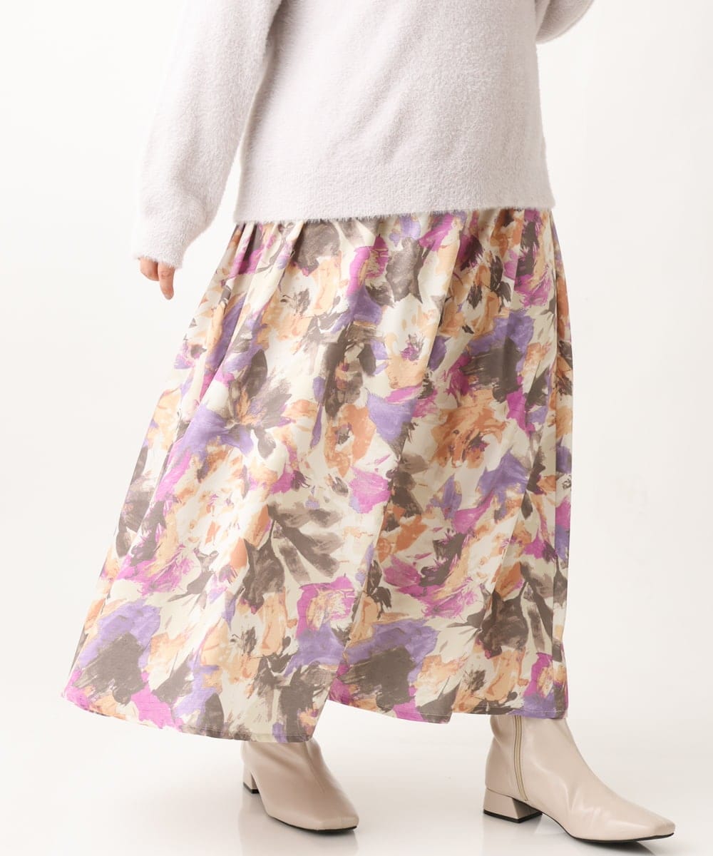 OLHAV15129 eur3(エウルキューブ) 【大きいサイズ】ペイントフラワープリントスカート ベージュ(82)