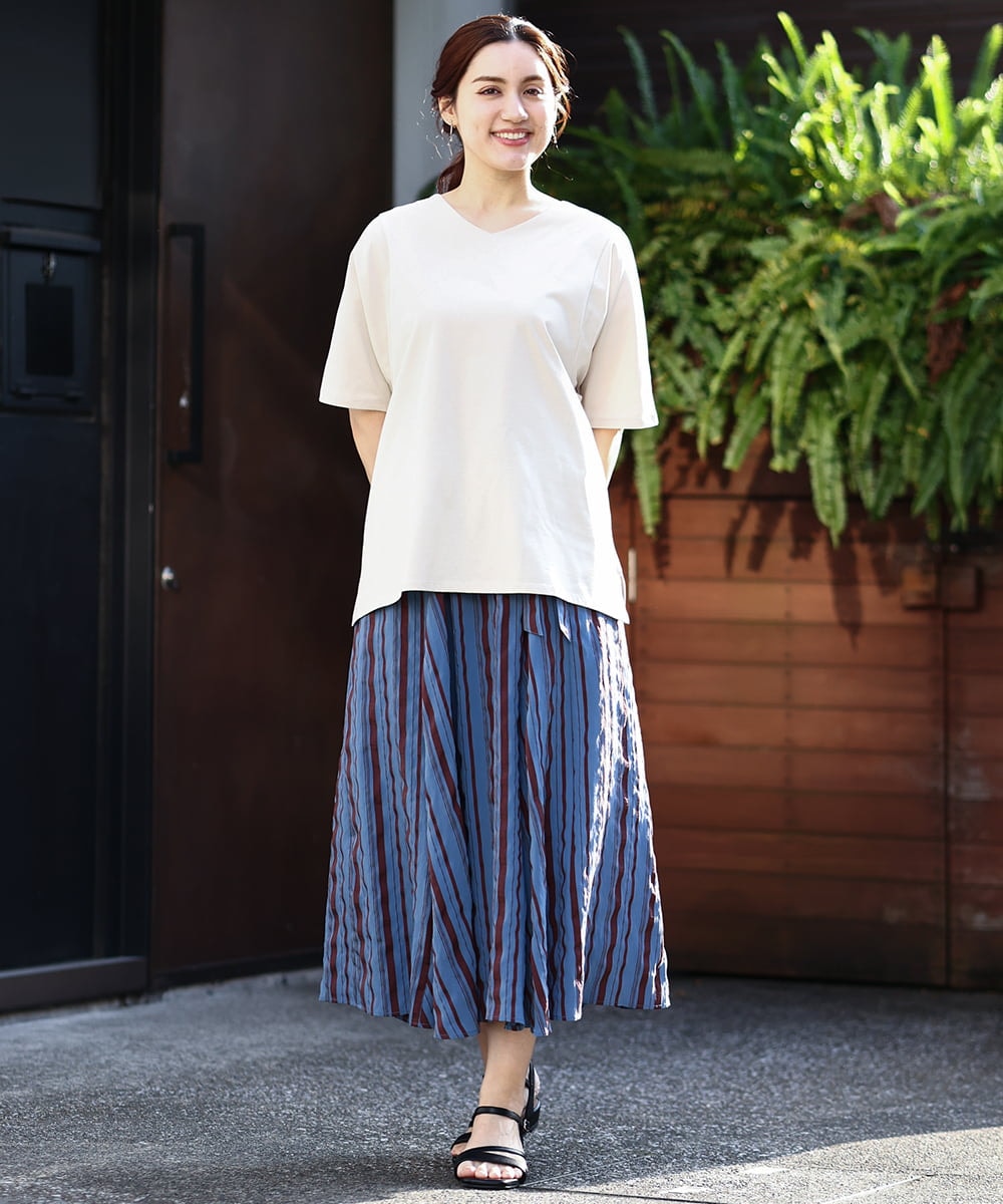 OLHHV16089 eur3(エウルキューブ) 【大きいサイズ/洗える/a.v.v×eur3】ドビーストライプフレアスカート ブルー(55)