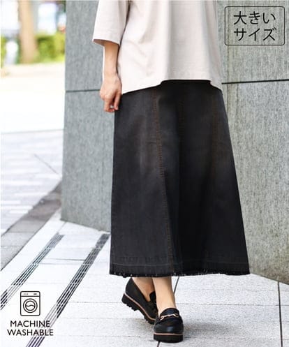 OLHJD03119 eur3 【大きいサイズ/洗える】パネル切り替えデニムスカート