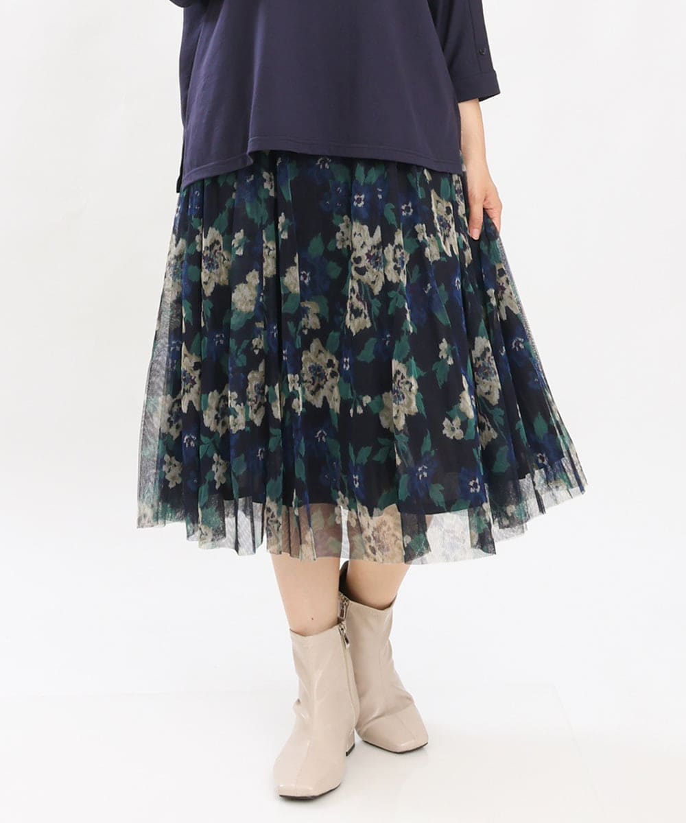 OLHKS07119 eur3(エウルキューブ) 【大きいサイズ】チュールフラワープリントスカート ネイビー(57)