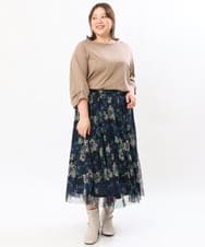 OLHKS07119 eur3(エウルキューブ) 【大きいサイズ】チュールフラワープリントスカート ネイビー(57)