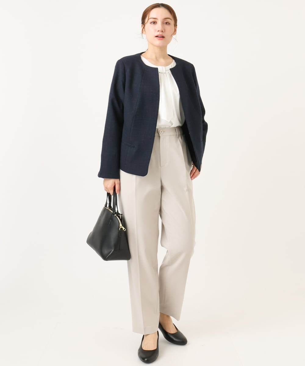 OLJBD10239 eur3(エウルキューブ) 【大きいサイズ】ノーカラーツイードジャケット ネイビー(57)