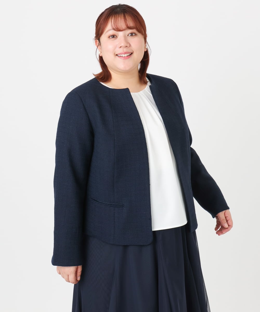 OLJBD10239 eur3(エウルキューブ) 【大きいサイズ】ノーカラーツイードジャケット ネイビー(57)
