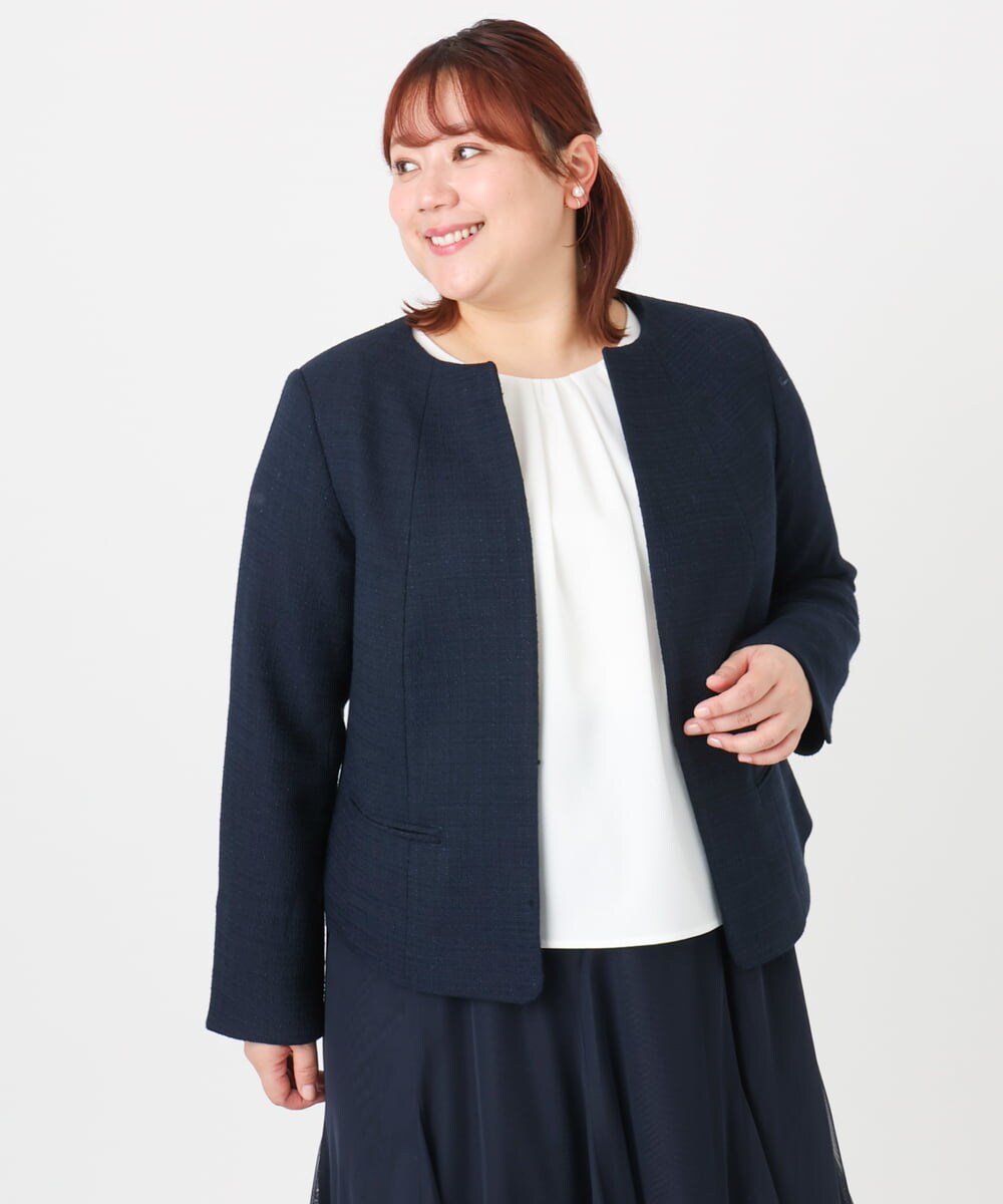 OLJBD10239 eur3(エウルキューブ) 【大きいサイズ】ノーカラーツイードジャケット ネイビー(57)