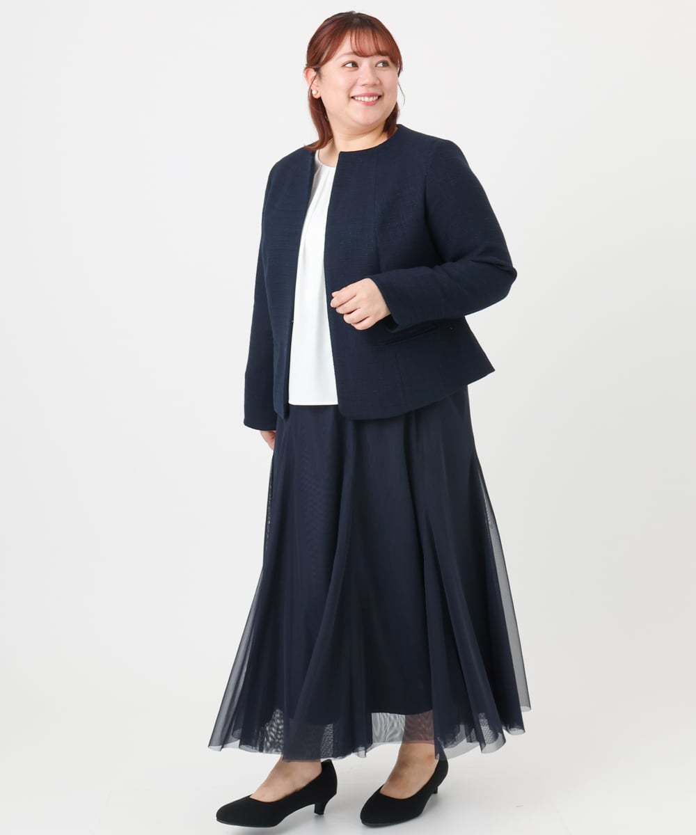 OLJBD10239 eur3(エウルキューブ) 【大きいサイズ】ノーカラーツイードジャケット ネイビー(57)