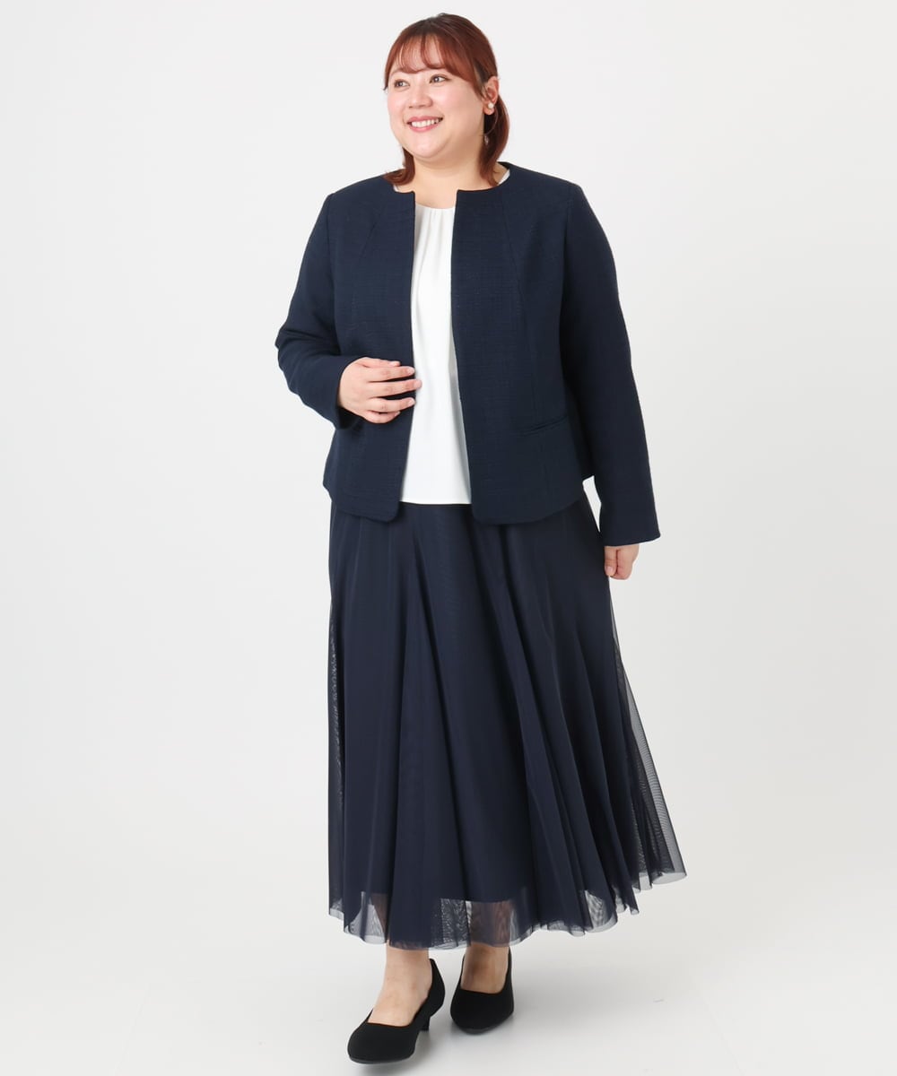 OLJBD10239 eur3(エウルキューブ) 【大きいサイズ】ノーカラーツイードジャケット ネイビー(57)