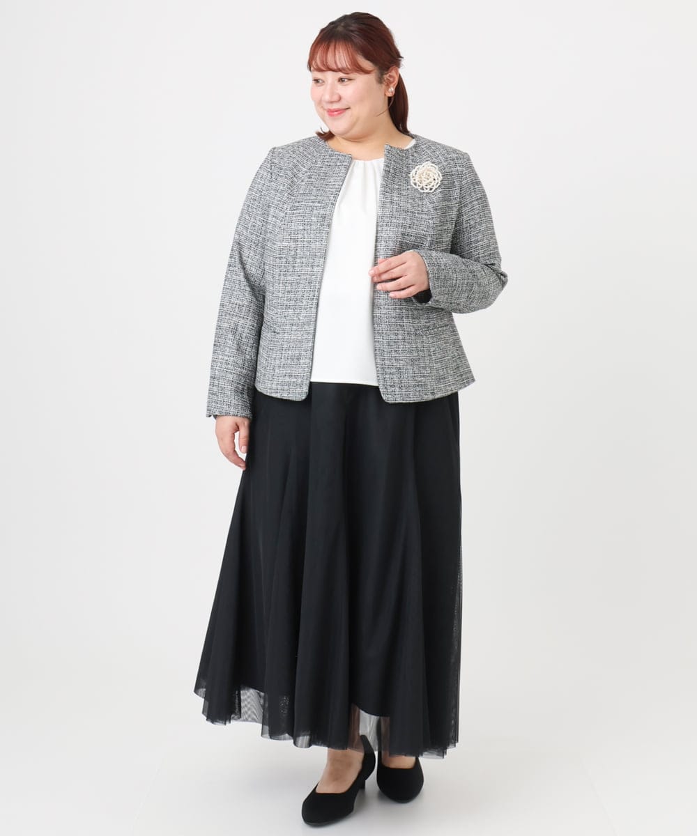 OLJBD10239 eur3(エウルキューブ) 【大きいサイズ】ノーカラーツイードジャケット ダークグレー(93)