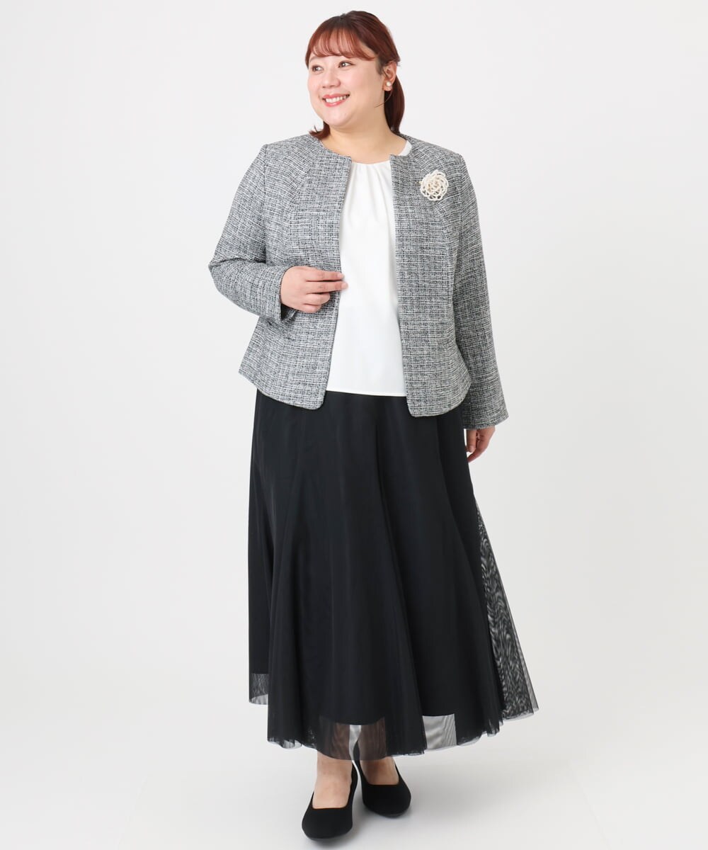 OLJBD10239 eur3(エウルキューブ) 【大きいサイズ】ノーカラーツイードジャケット ダークグレー(93)