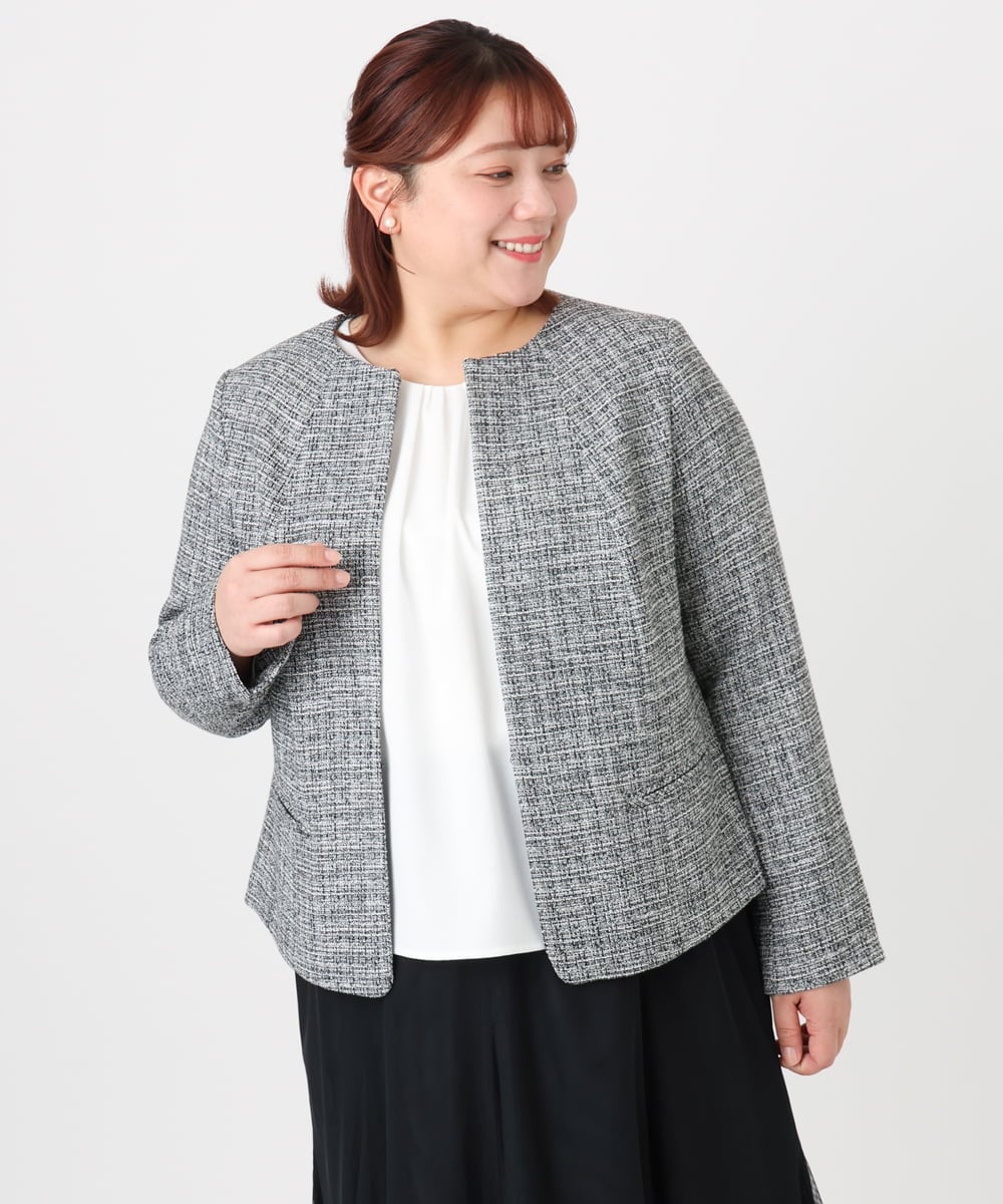 OLJBD10239 eur3(エウルキューブ) 【大きいサイズ】ノーカラーツイードジャケット ダークグレー(93)