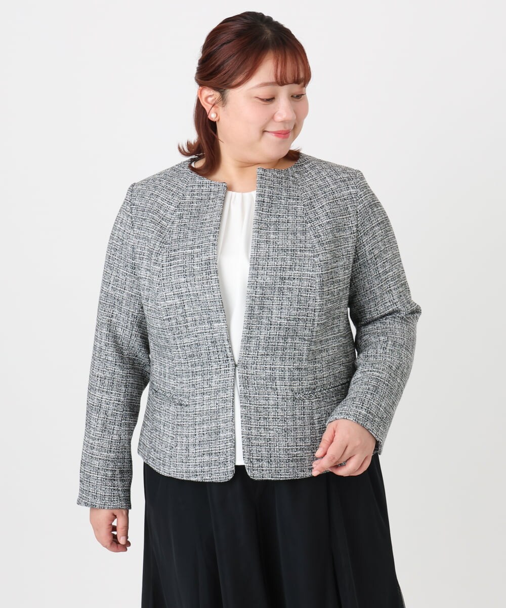 OLJBD10239 eur3(エウルキューブ) 【大きいサイズ】ノーカラーツイードジャケット ダークグレー(93)