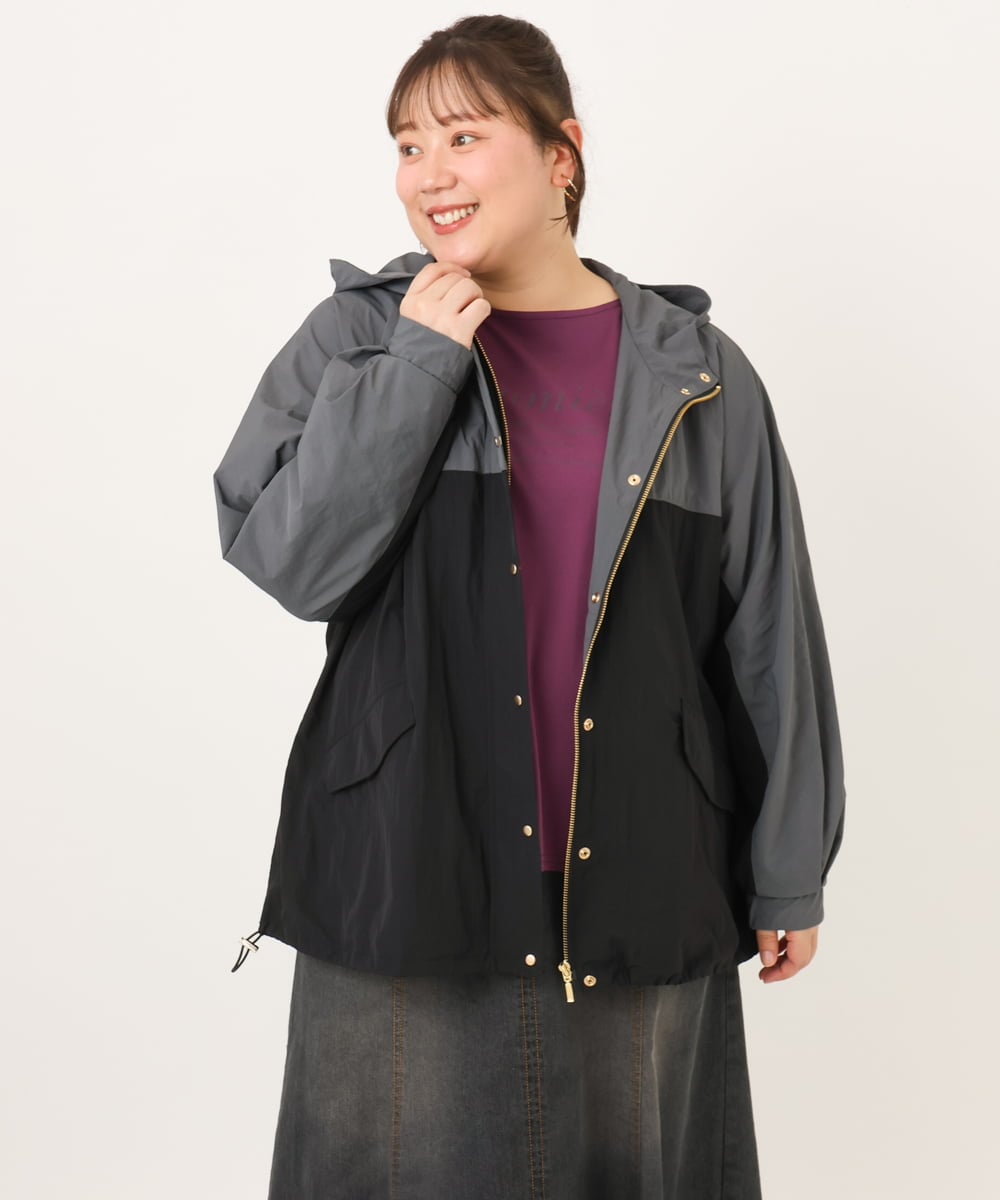 OLJKD07189 eur3(エウルキューブ) 【大きいサイズ/洗える】バイカラーマウンテンパーカー ブラック
