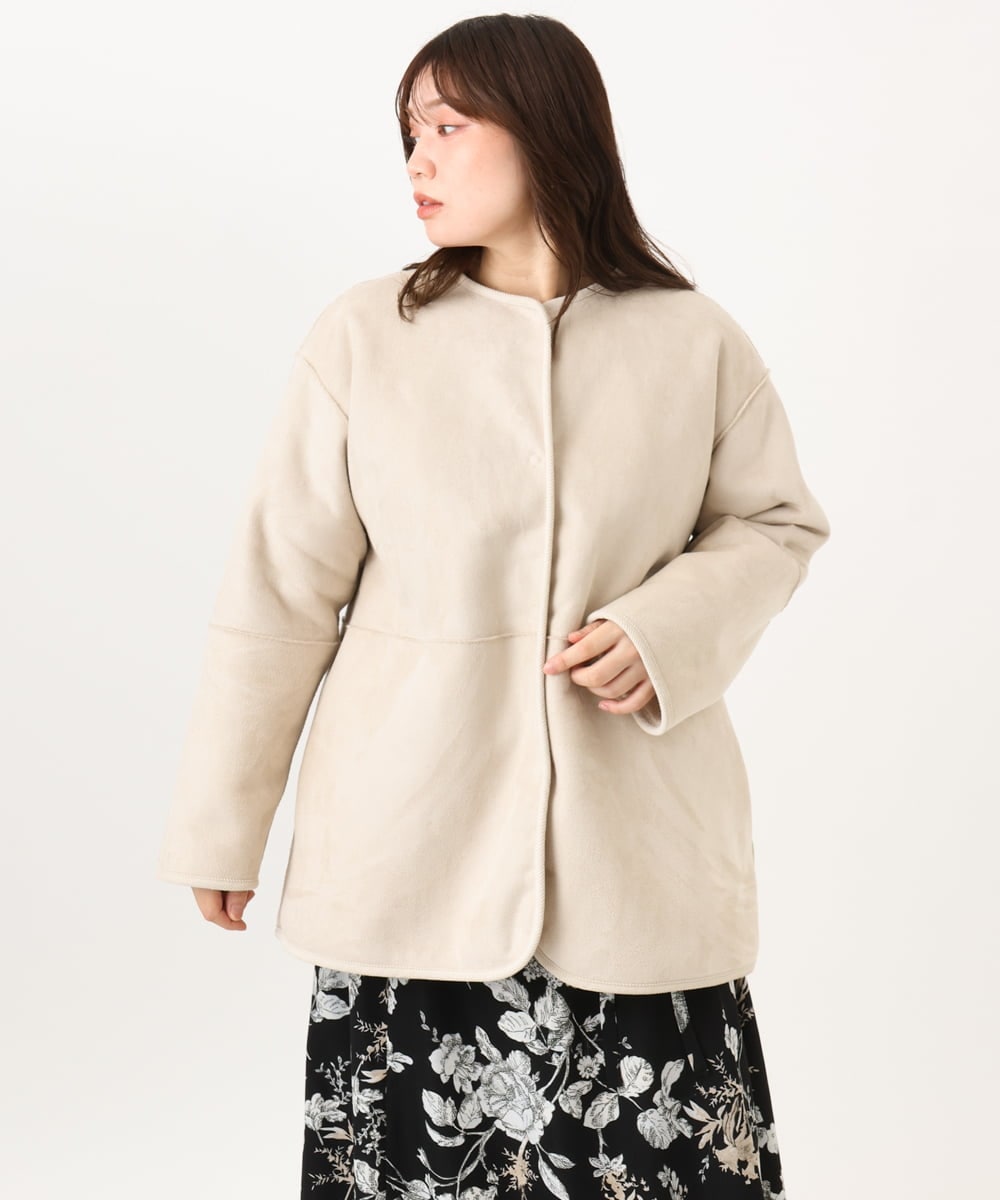 OLJLD05239 eur3(エウルキューブ) 【WEB先行販売】【大きいサイズ/リバーシブル】ノーカラーフェイクムートンコート グレージュ