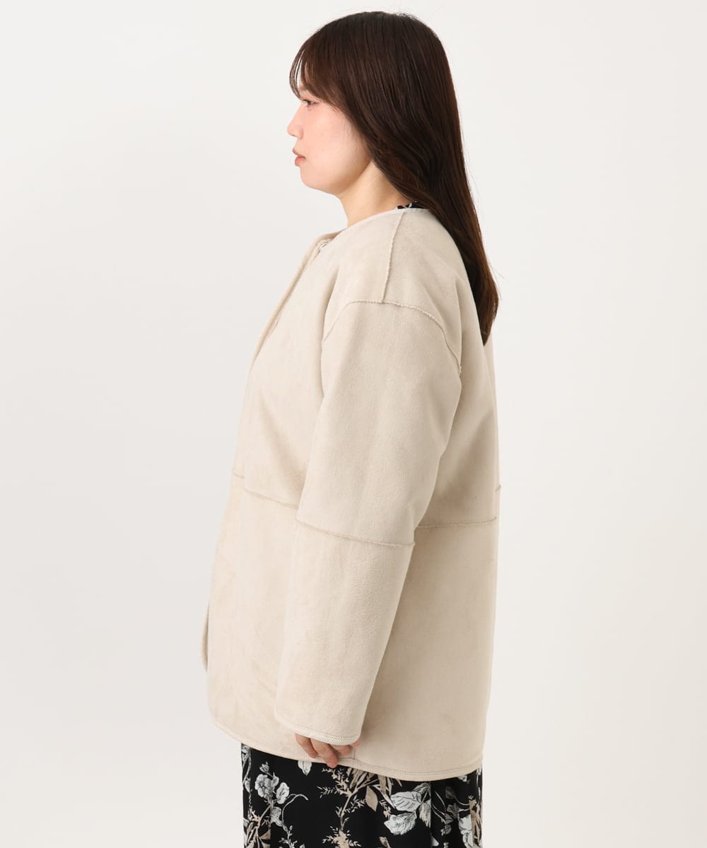 OLJLD05239 eur3(エウルキューブ) 【WEB先行販売】【大きいサイズ/リバーシブル】ノーカラーフェイクムートンコート グレージュ