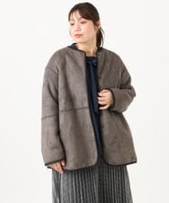 OLJLD05239 eur3(エウルキューブ) 【WEB先行販売】【大きいサイズ/リバーシブル】ノーカラーフェイクムートンコート ダークグレー