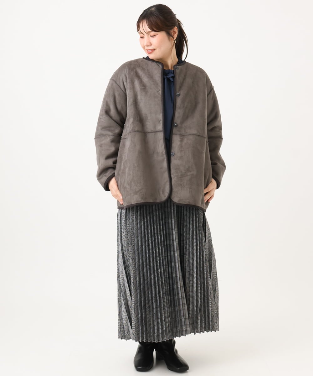 OLJLD05239 eur3(エウルキューブ) 【WEB先行販売】【大きいサイズ/リバーシブル】ノーカラーフェイクムートンコート ダークグレー