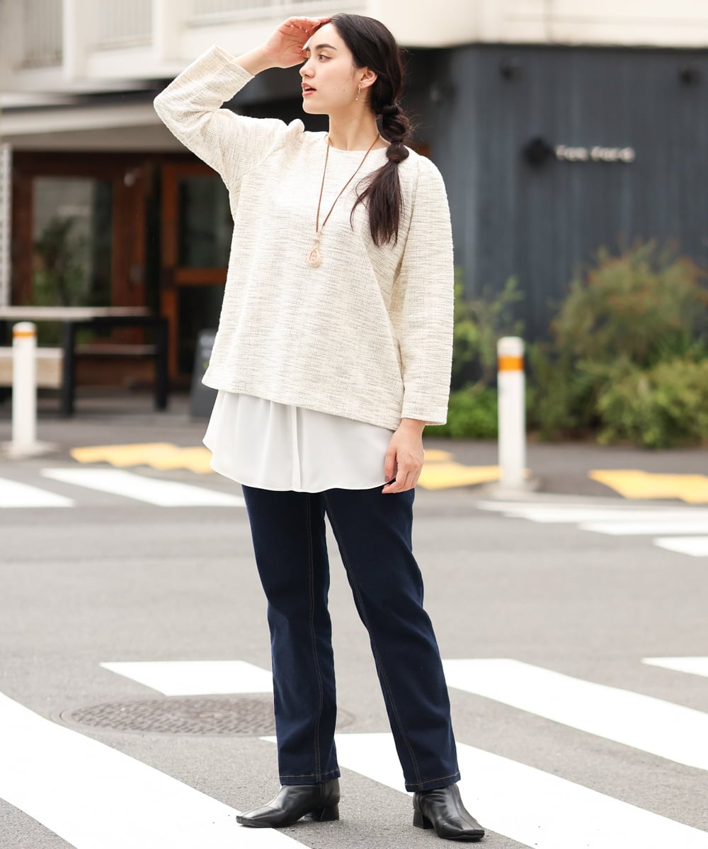 OLKAS11070 eur3(エウルキューブ) 【大きいサイズ/a.v.v×eur3】カットツイードギャザースリーブトップス ベージュ(82)