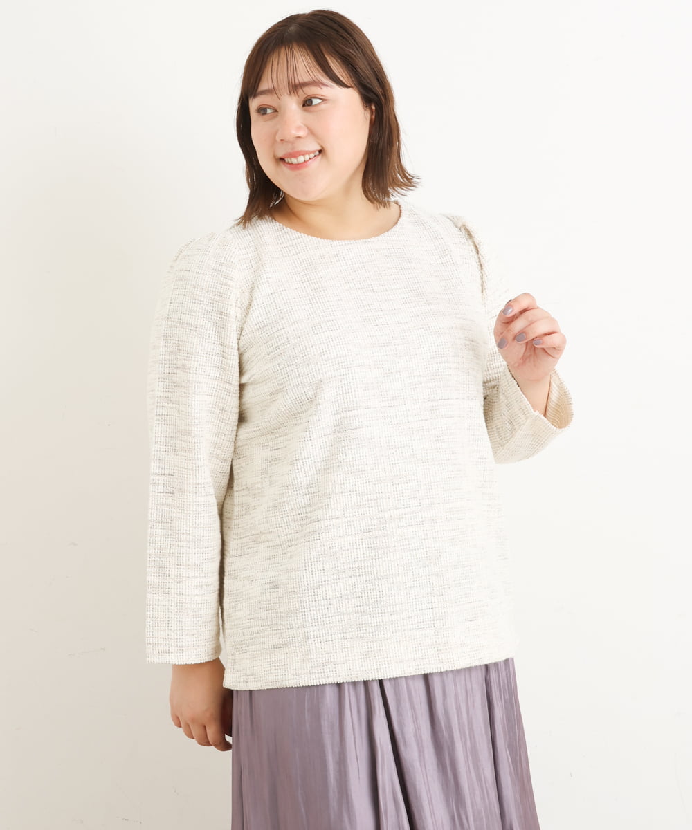 OLKAS11070 eur3(エウルキューブ) 【大きいサイズ/a.v.v×eur3】カットツイードギャザースリーブトップス ベージュ(82)