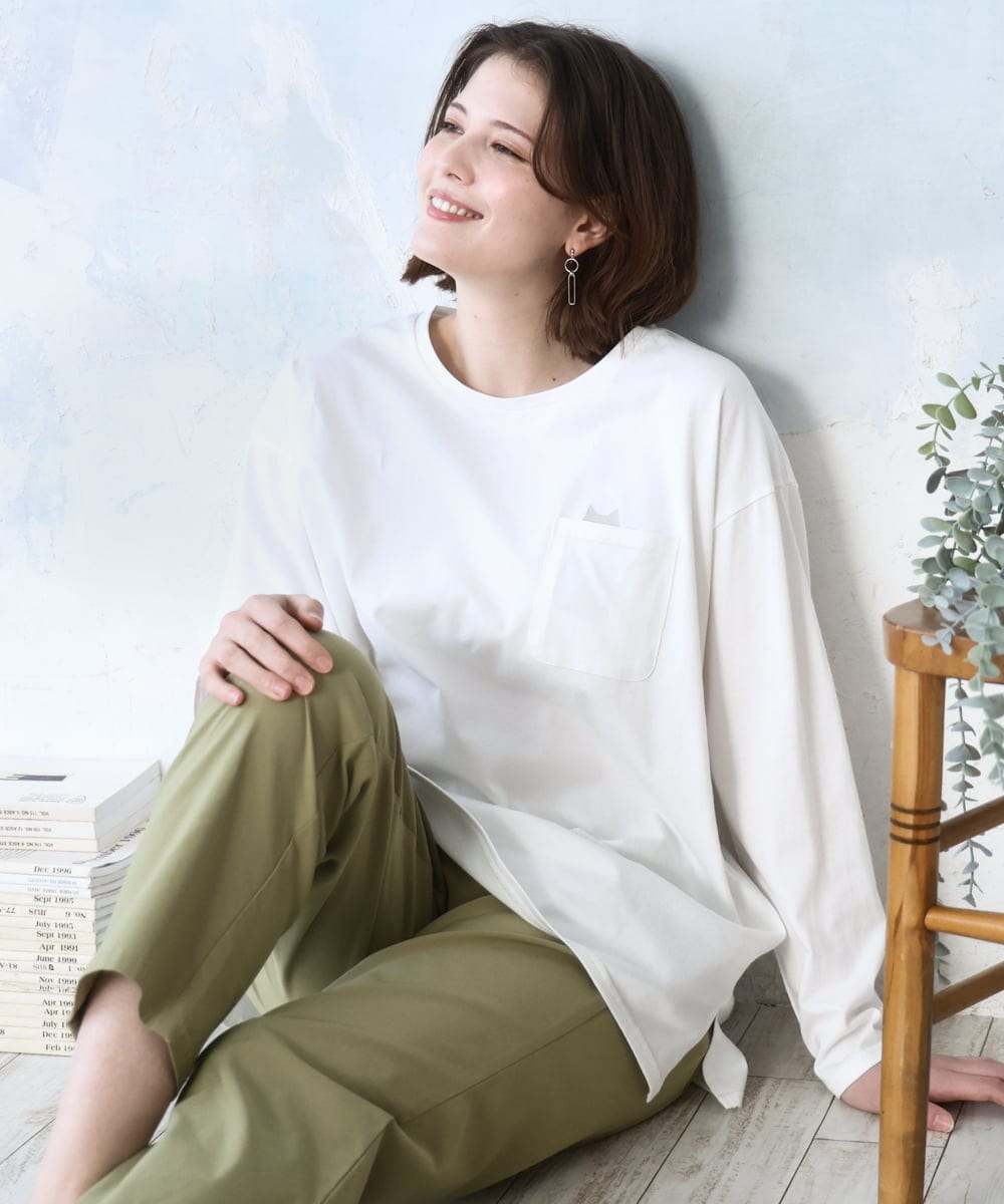 OLKDD03069 eur3(エウルキューブ) 【大きいサイズ】コットン長袖Tシャツ ホワイト(ネコ）