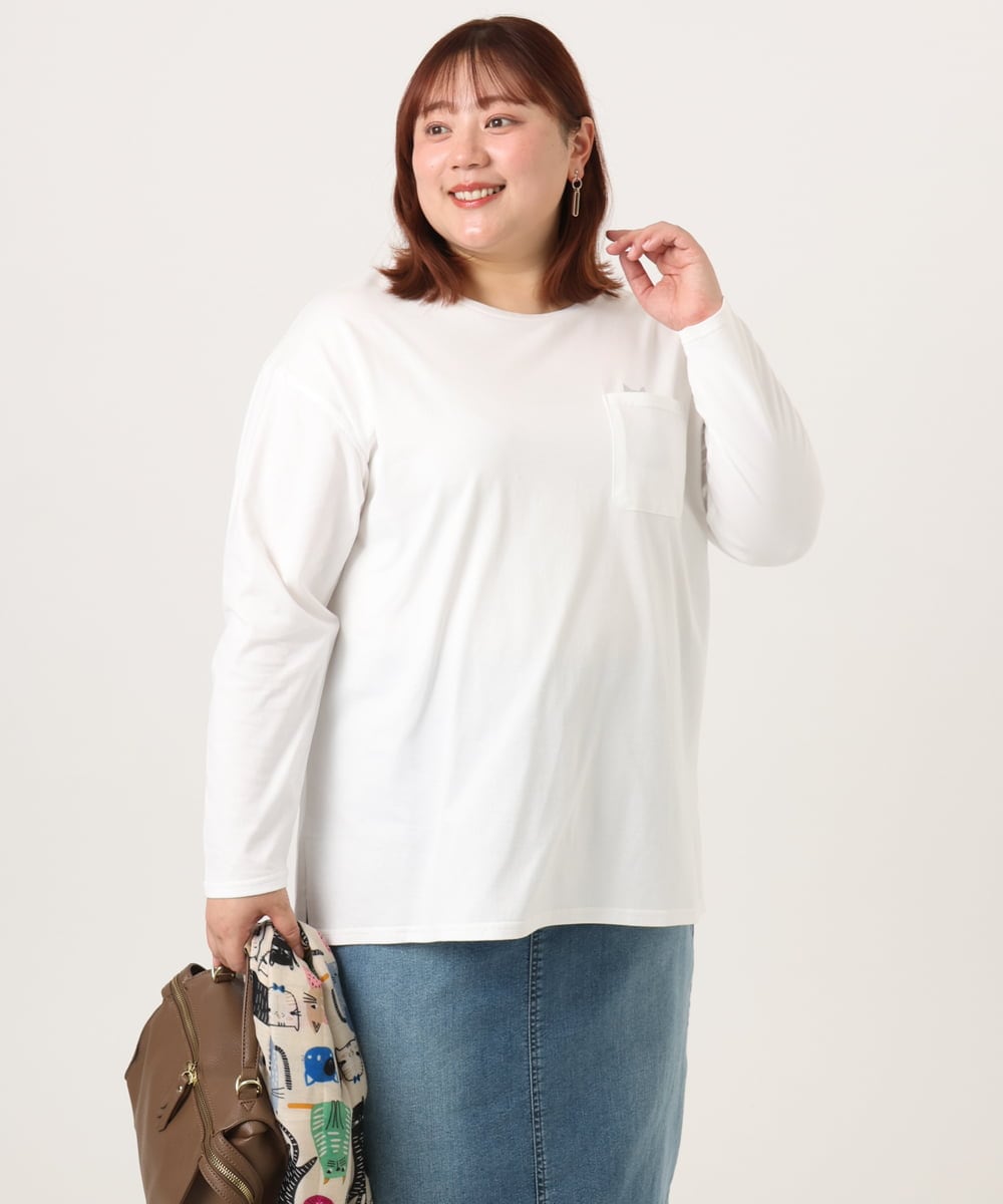 OLKDD03069 eur3(エウルキューブ) 【大きいサイズ】コットン長袖Tシャツ ホワイト(ネコ）