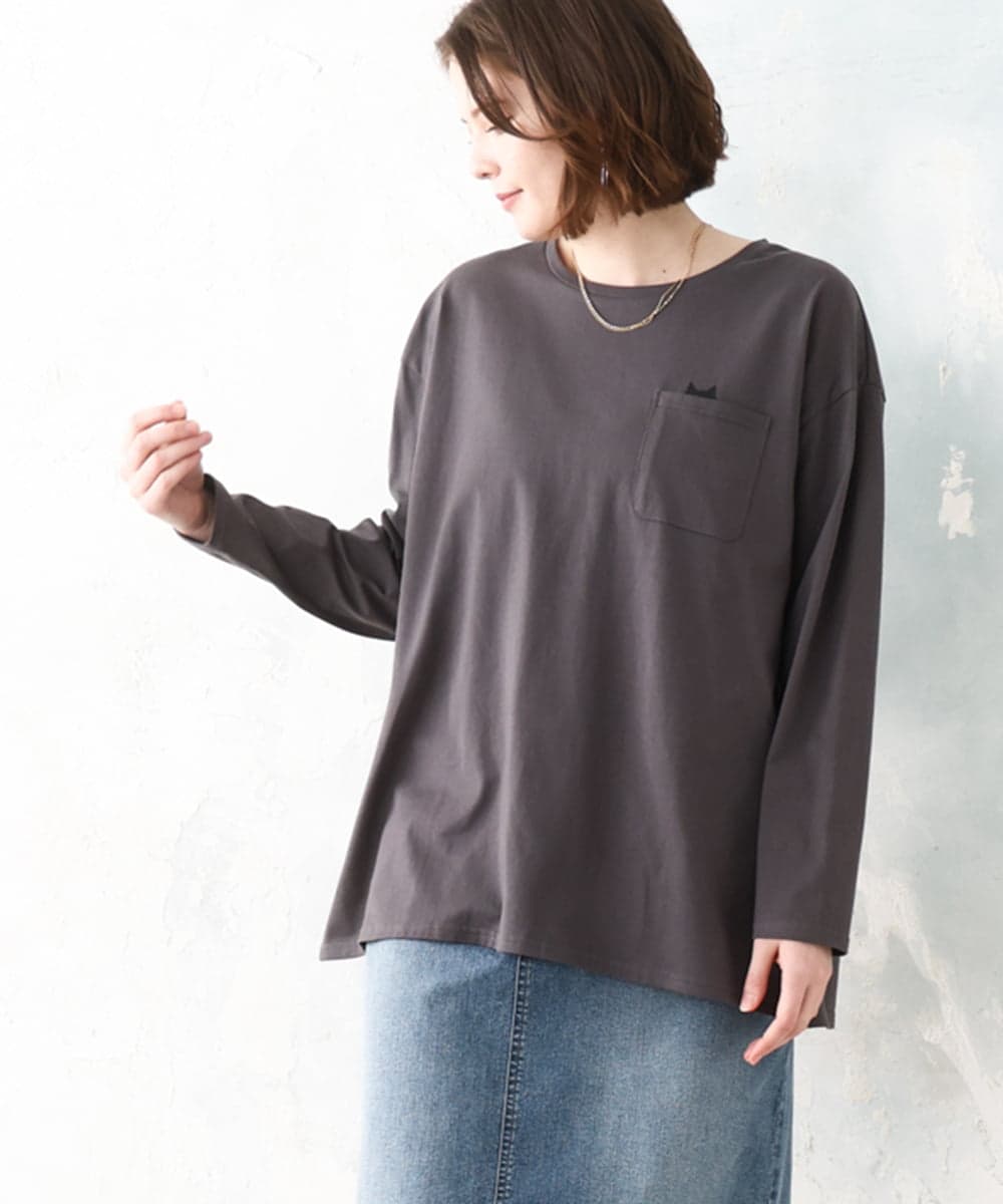 OLKDD03069 eur3(エウルキューブ) 【大きいサイズ】コットン長袖Tシャツ ダークグレー(ネコ）