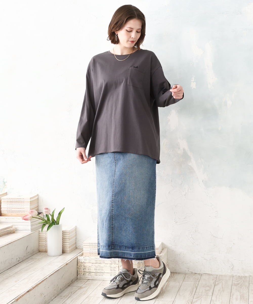 OLKDD03069 eur3(エウルキューブ) 【大きいサイズ】コットン長袖Tシャツ ダークグレー(ネコ）