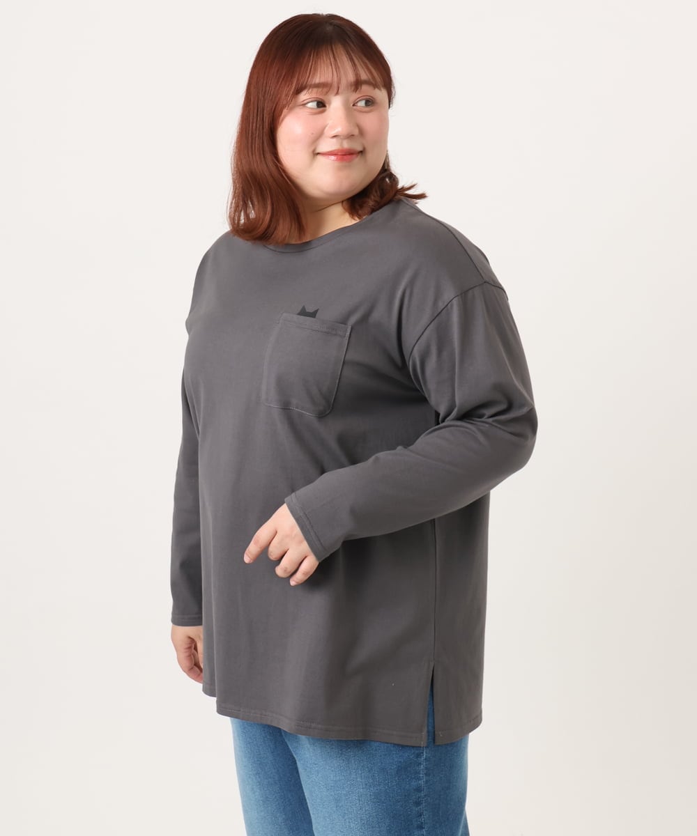 OLKDD03069 eur3(エウルキューブ) 【大きいサイズ】コットン長袖Tシャツ ダークグレー(ネコ）