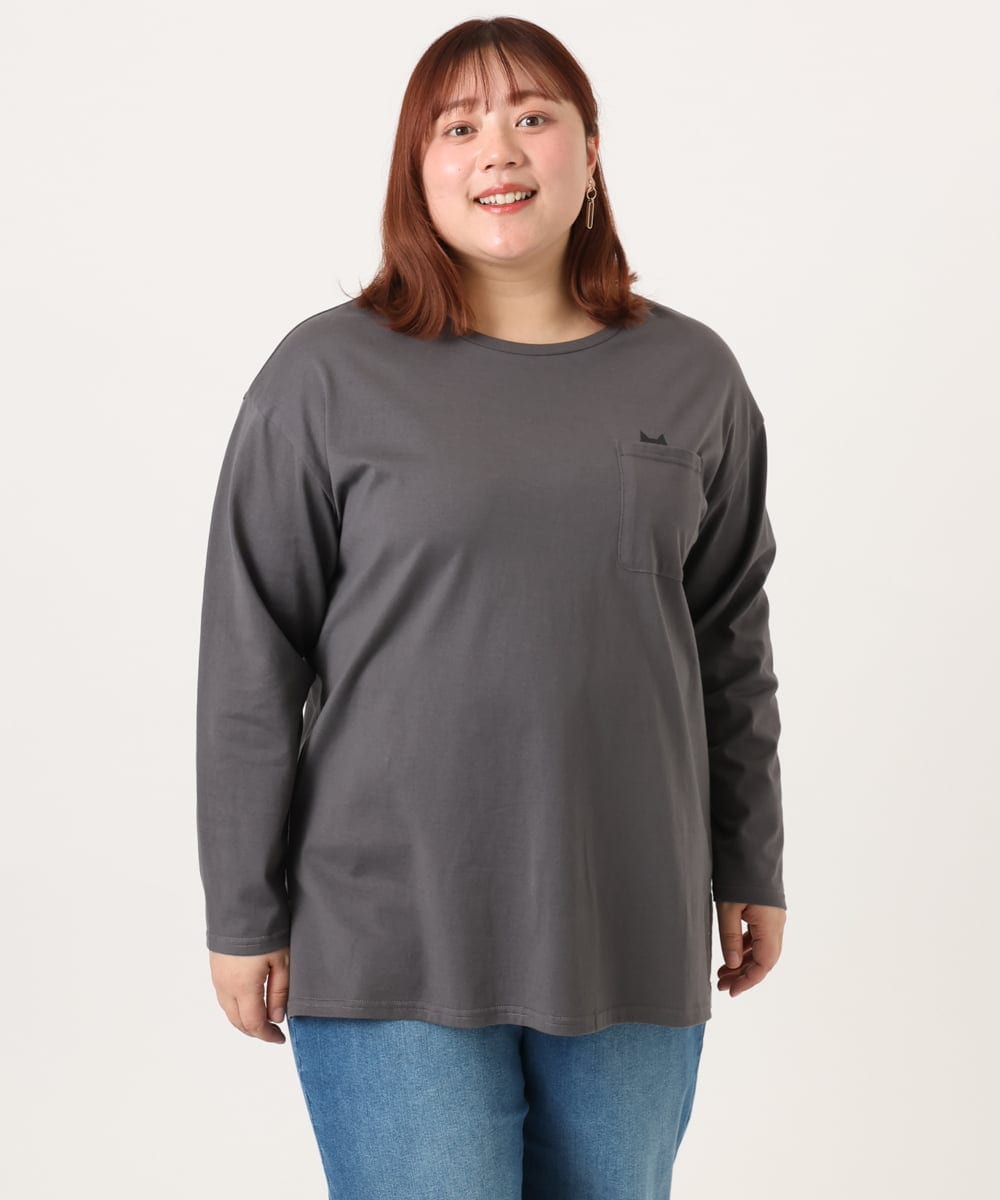 OLKDD03069 eur3(エウルキューブ) 【大きいサイズ】コットン長袖Tシャツ ダークグレー(ネコ）