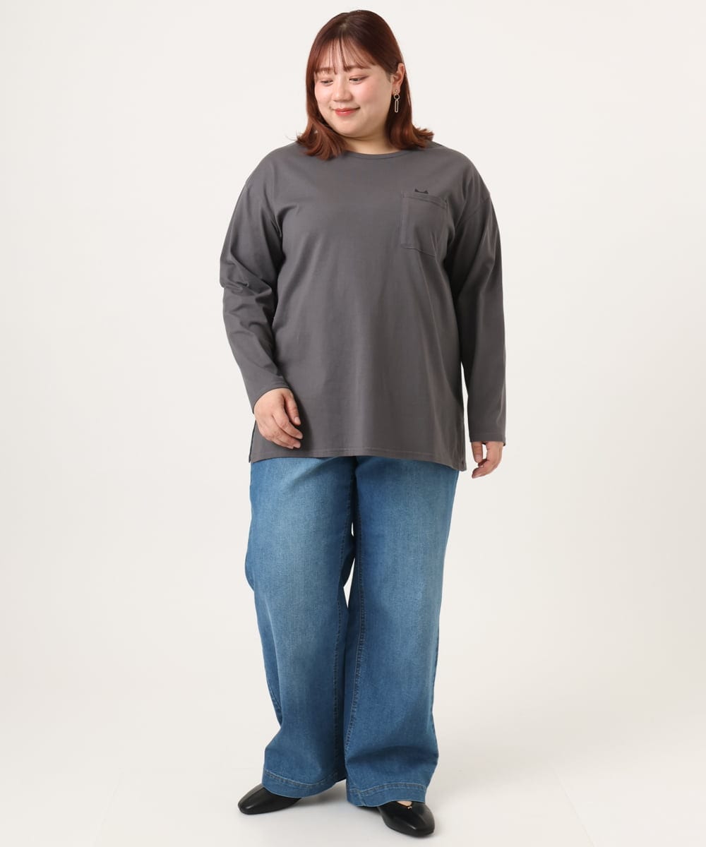 OLKDD03069 eur3(エウルキューブ) 【大きいサイズ】コットン長袖Tシャツ ダークグレー(ネコ）