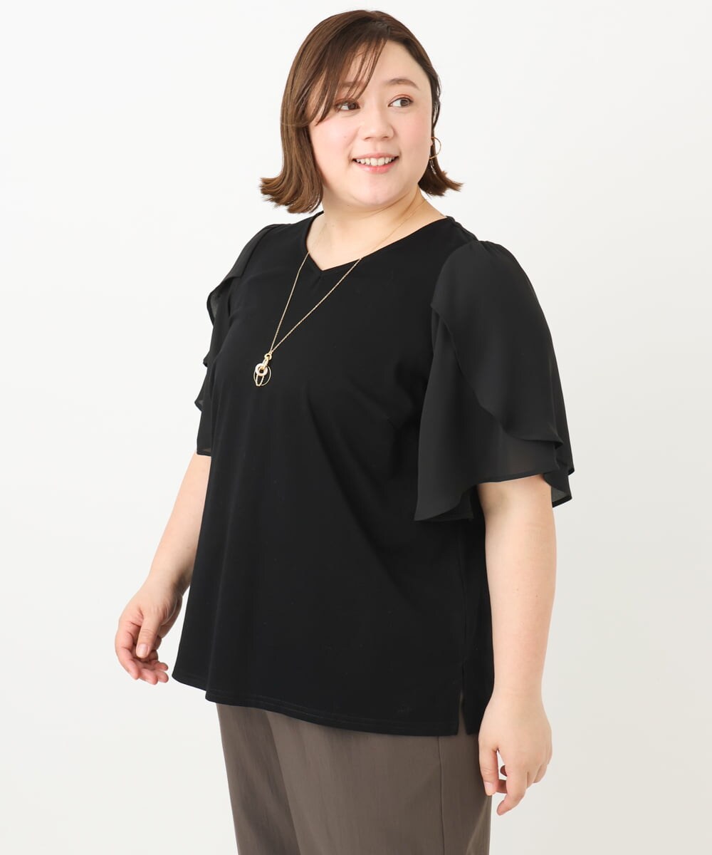 OLKFA17089 eur3(エウルキューブ) 【大きいサイズ】ラッフルスリーブカットソー ブラック(94)