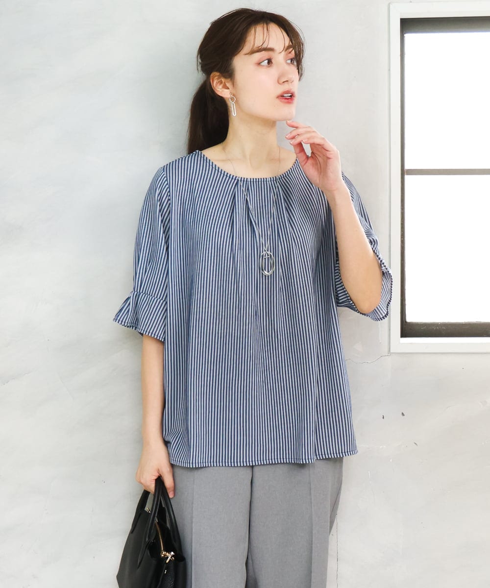 OLKFD04069 eur3(エウルキューブ) 【大きいサイズ】シャンブレーストライププカットソー ネイビー