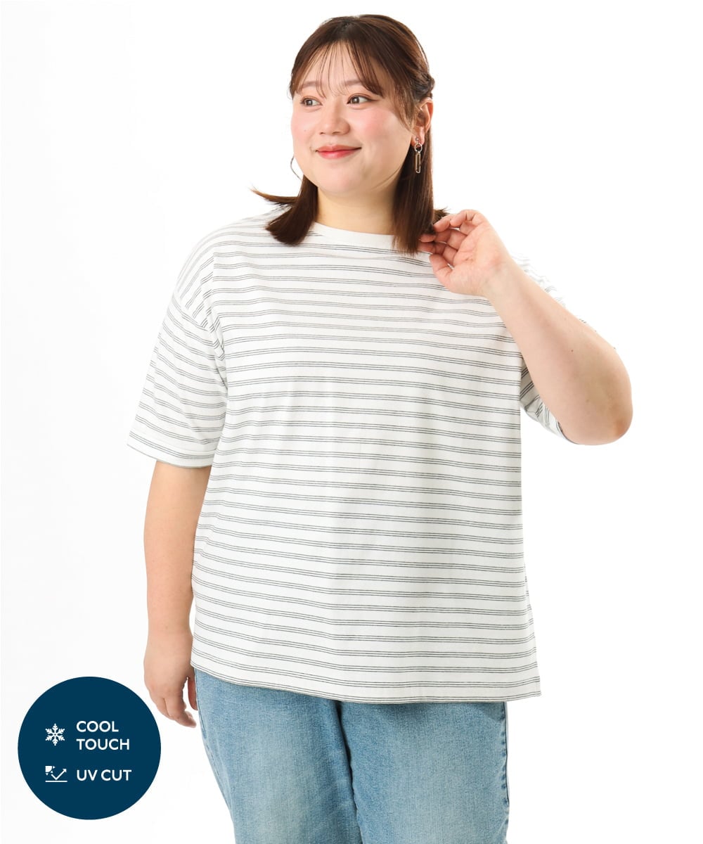 OLKFD12039 eur3(エウルキューブ) 【大きいサイズ/接触冷感/UVカット】ドロップショルダーコットンTシャツ アイボリー/ストライプ