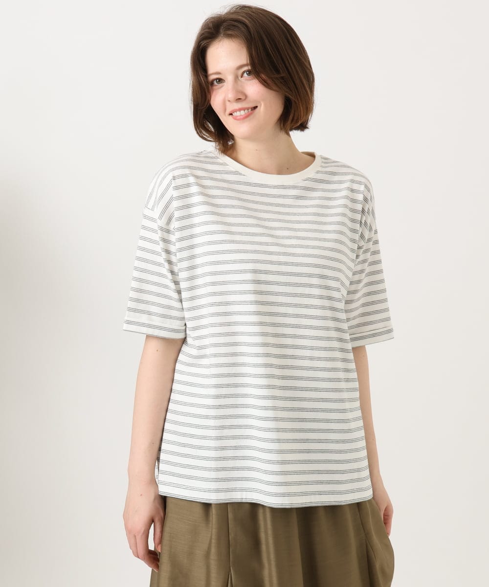 OLKFD12039 eur3(エウルキューブ) 【大きいサイズ/接触冷感/UVカット】ドロップショルダーコットンTシャツ アイボリー/ストライプ