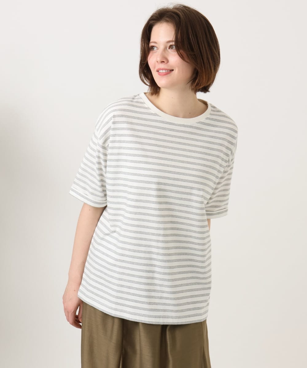 OLKFD12039 eur3(エウルキューブ) 【大きいサイズ/接触冷感/UVカット】ドロップショルダーコットンTシャツ アイボリー/ストライプ