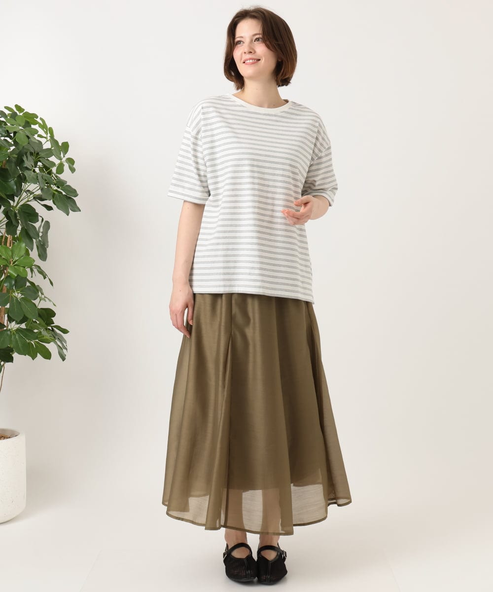 OLKFD12039 eur3(エウルキューブ) 【大きいサイズ/接触冷感/UVカット】ドロップショルダーコットンTシャツ アイボリー/ストライプ