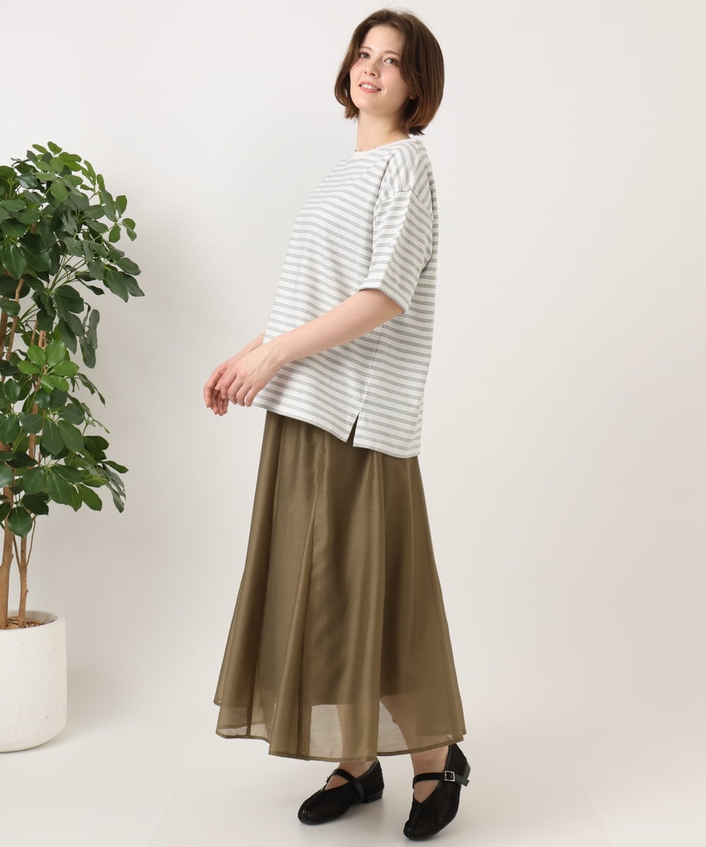OLKFD12039 eur3(エウルキューブ) 【大きいサイズ/接触冷感/UVカット】ドロップショルダーコットンTシャツ アイボリー/ストライプ