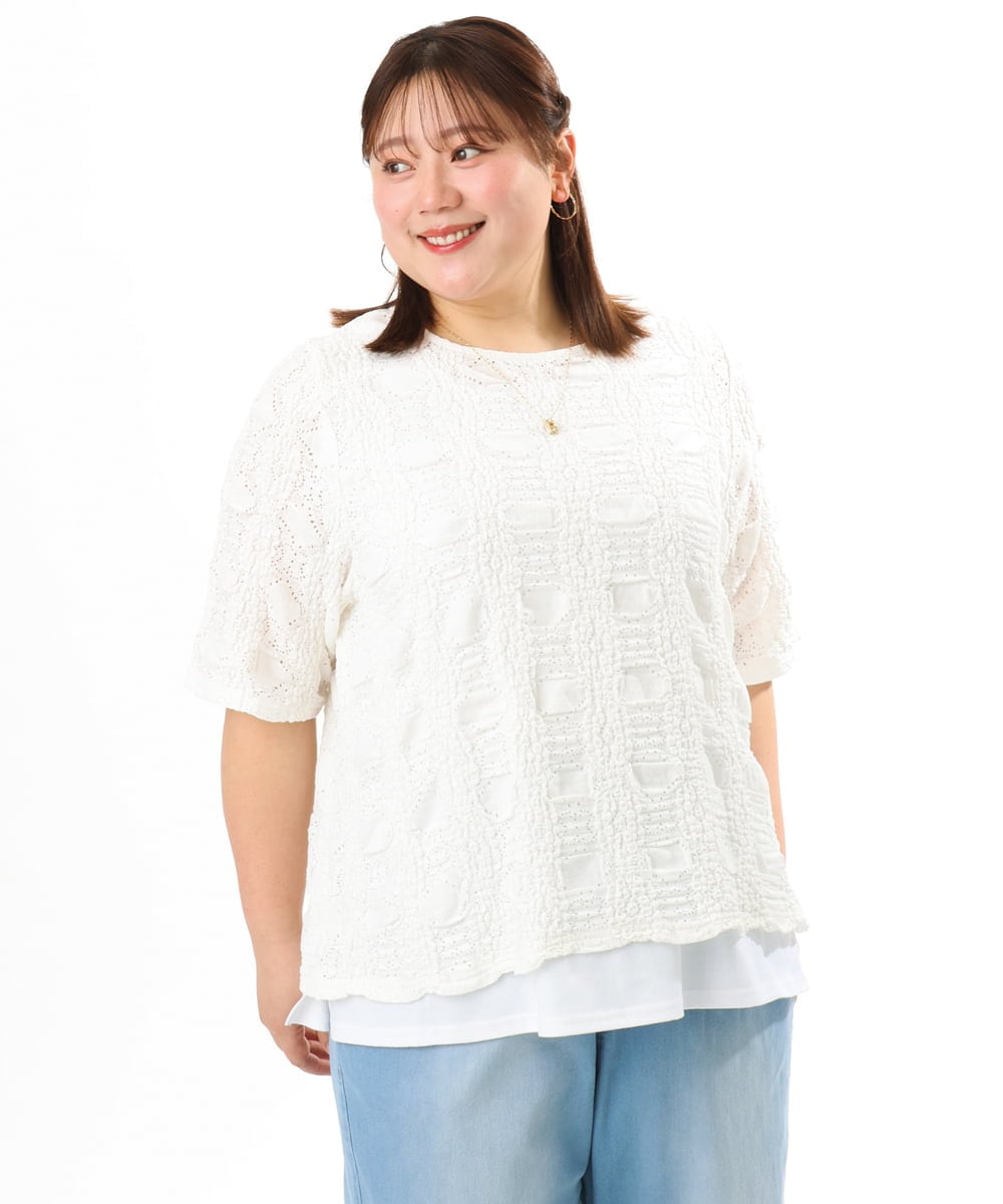 OLKFD19099 eur3(エウルキューブ) 【大きいサイズ】シャーリングレースアンサンブル ホワイト