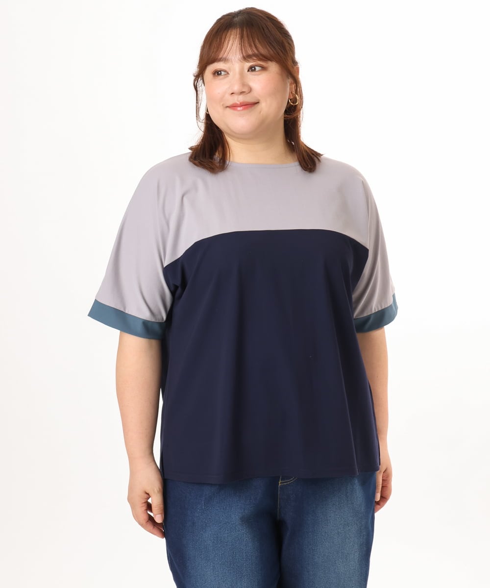 OLKGD29069 eur3(エウルキューブ) 【大きいサイズ/接触冷感】カラーブロッキングトップス ネイビー