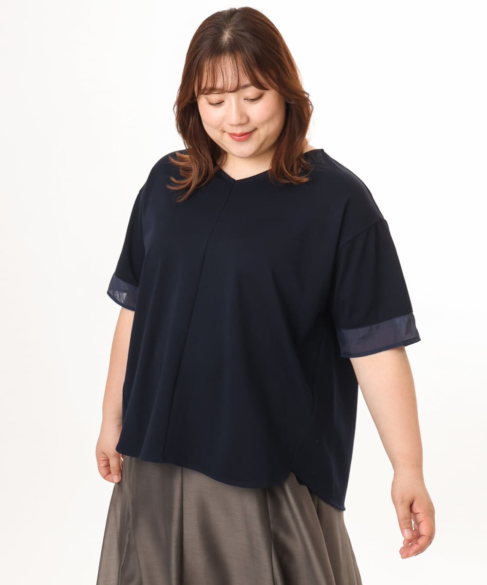 OLKGD33059 eur3(エウルキューブ) 【大きいサイズ】Vネック袖シア―トップス ネイビー