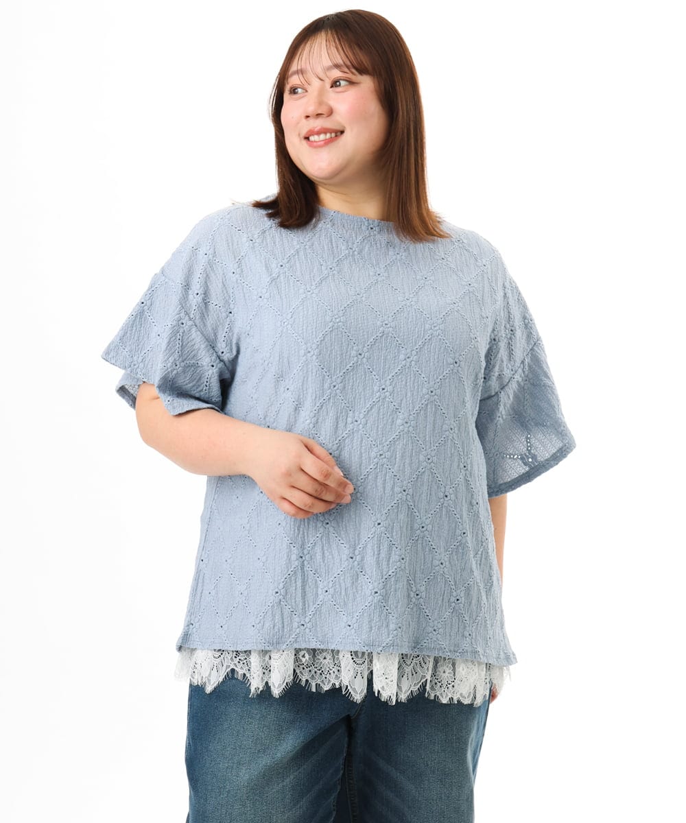 OLKGD37069 eur3(エウルキューブ) 【大きいサイズ】アイレットレースフレアスリーブトップス ライトブルー