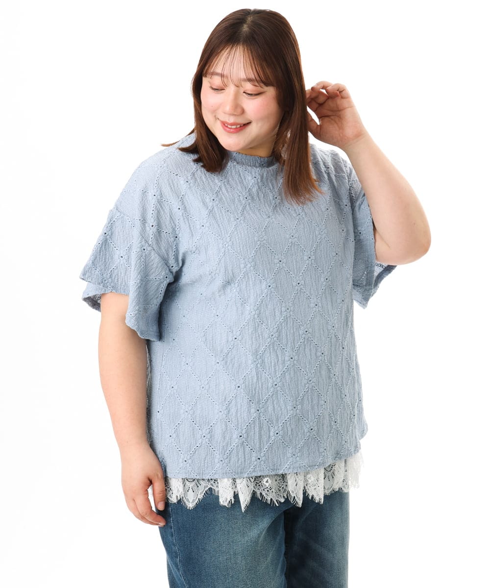 OLKGD37069 eur3(エウルキューブ) 【大きいサイズ】アイレットレースフレアスリーブトップス ライトブルー