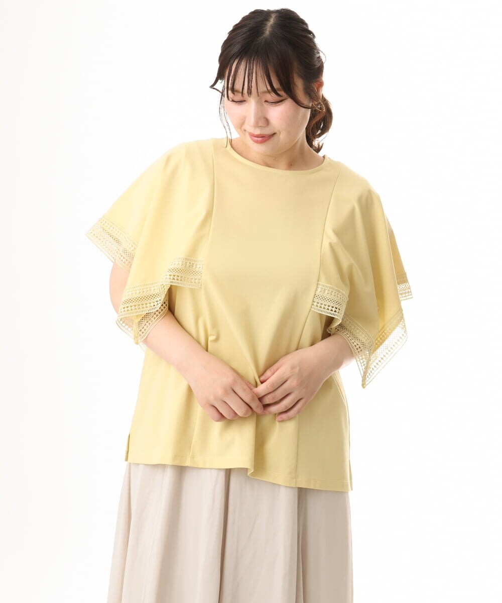 OLKHD31069 eur3(エウルキューブ) 【大きいサイズ/a.v.v×eur3】接触冷感ハンカチーフスリーブカットソー ライトイエロー