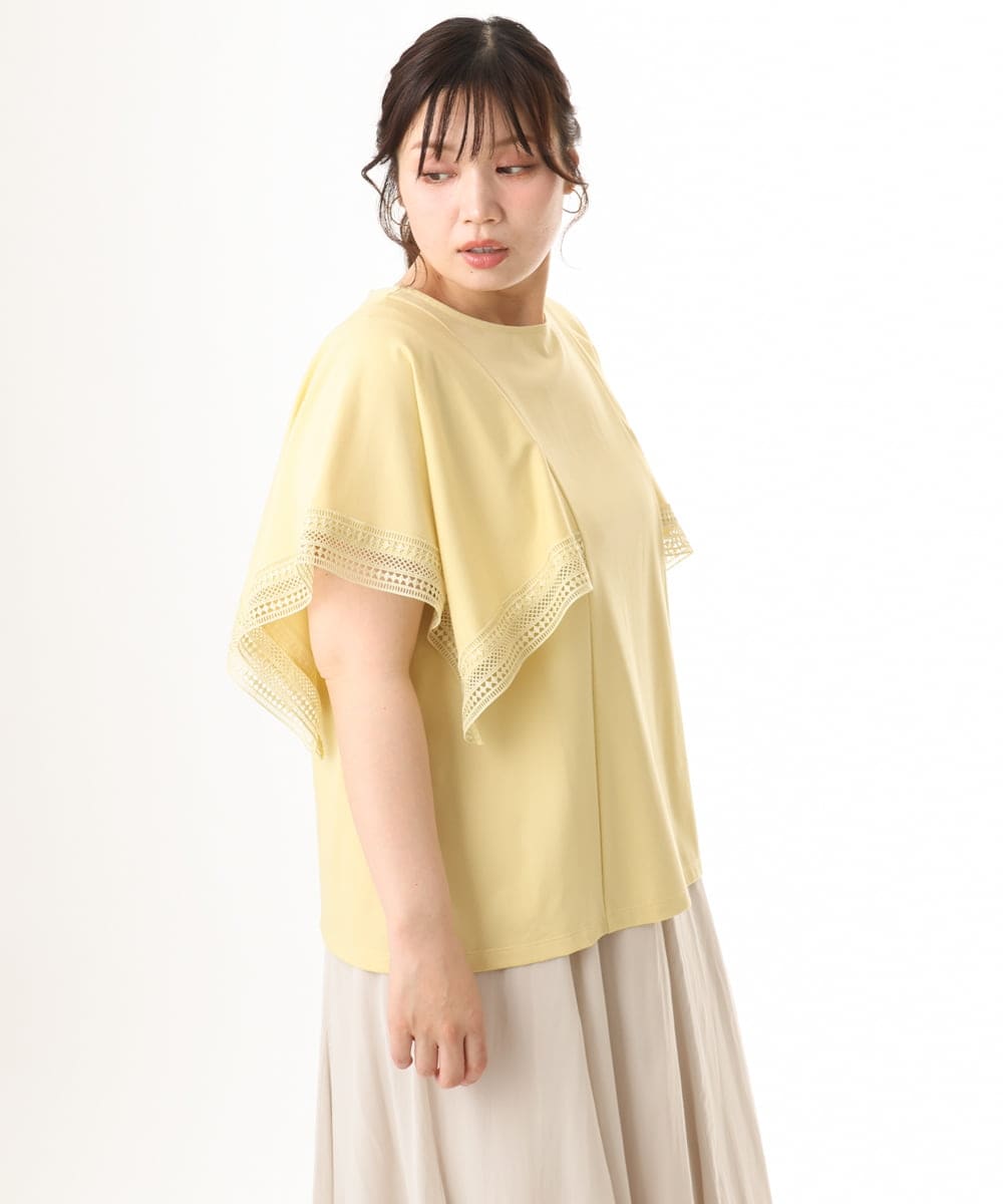 OLKHD31069 eur3(エウルキューブ) 【大きいサイズ/a.v.v×eur3】接触冷感ハンカチーフスリーブカットソー ライトイエロー