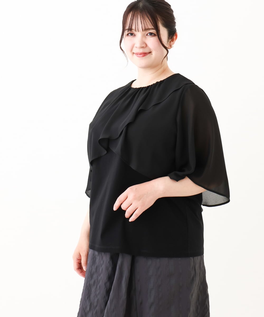 OLKHV28069 eur3(エウルキューブ) 【大きいサイズ/a.v.v×eur3】シフォンケープレイヤードトップス ブラック(94)