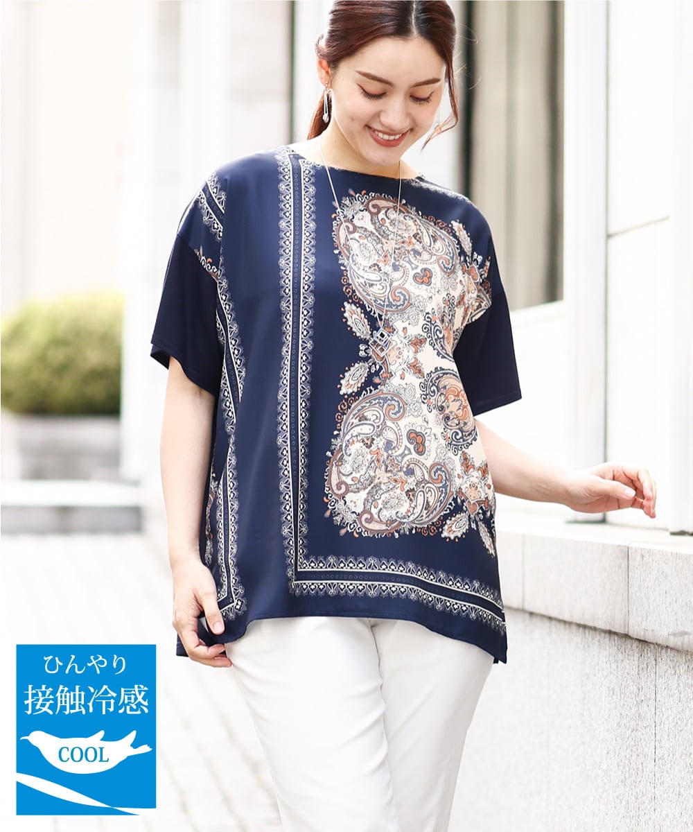 OLKHV48089 eur3(エウルキューブ) 【大きいサイズ/接触冷感】パネルプリントトップス ネイビー(57)
