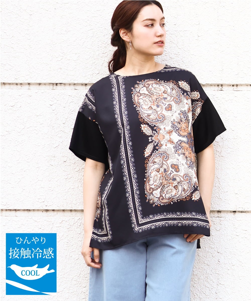 OLKHV48089 eur3(エウルキューブ) 【大きいサイズ/接触冷感】パネルプリントトップス ブラック(94)