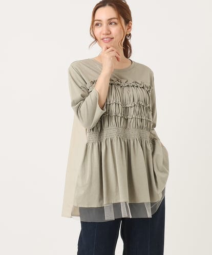 OLKJA13089 eur3 【大きいサイズ/LAVEANGE×eur3】シャーリング異素材ドッキングプルオーバー