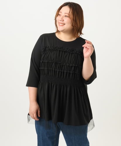OLKJA13089 eur3 【大きいサイズ/LAVEANGE×eur3】シャーリング異素材ドッキングプルオーバー