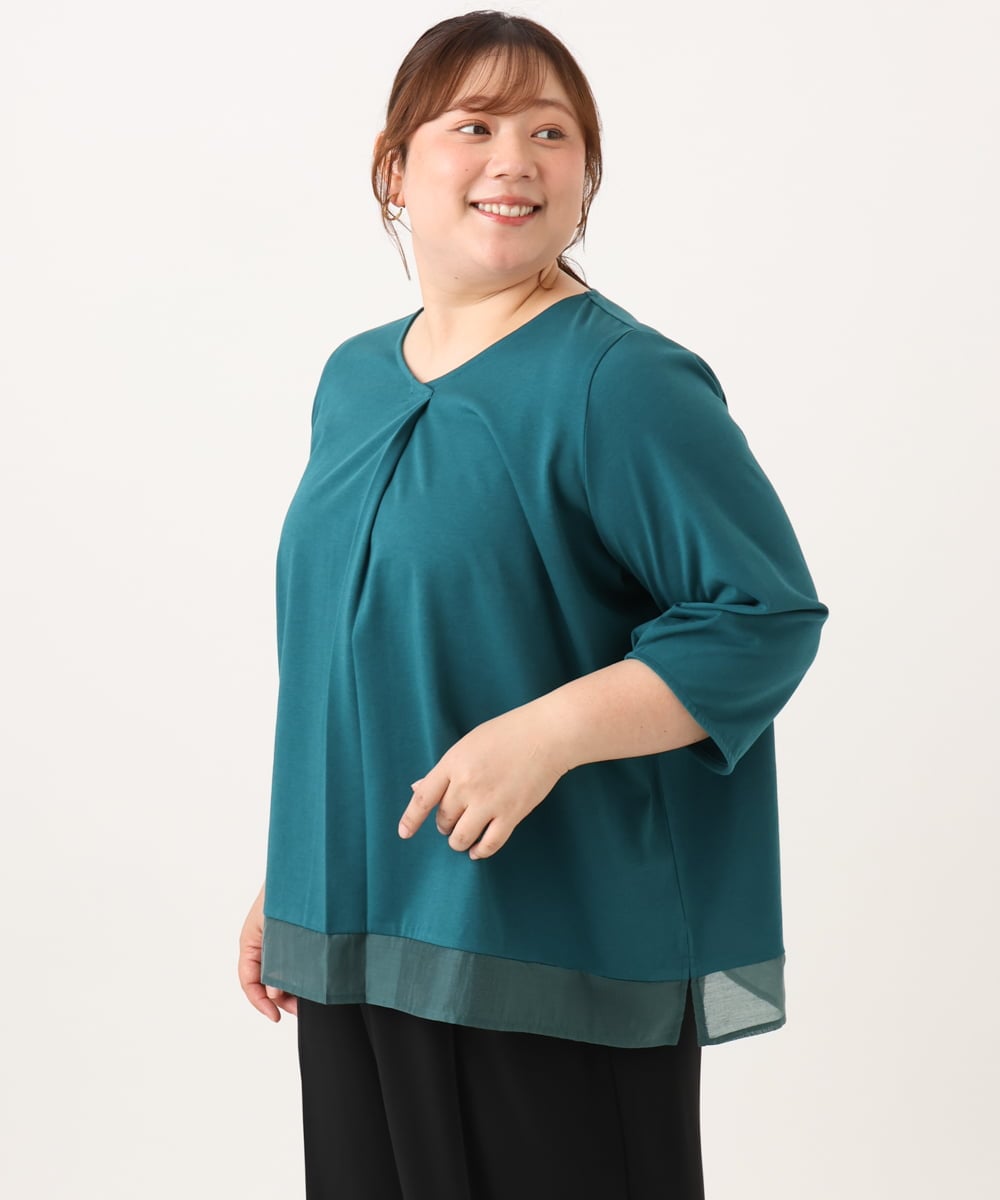OLKJD01079 eur3(エウルキューブ) 【大きいサイズ/接触冷感/UVカット】Vネック裾シア―カットソー グリーン