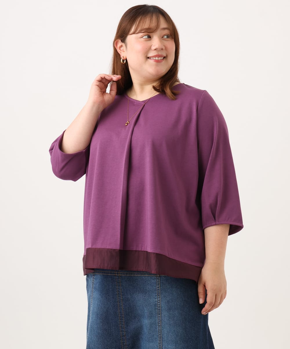 OLKJD01079 eur3(エウルキューブ) 【大きいサイズ/接触冷感/UVカット】Vネック裾シア―カットソー パープル