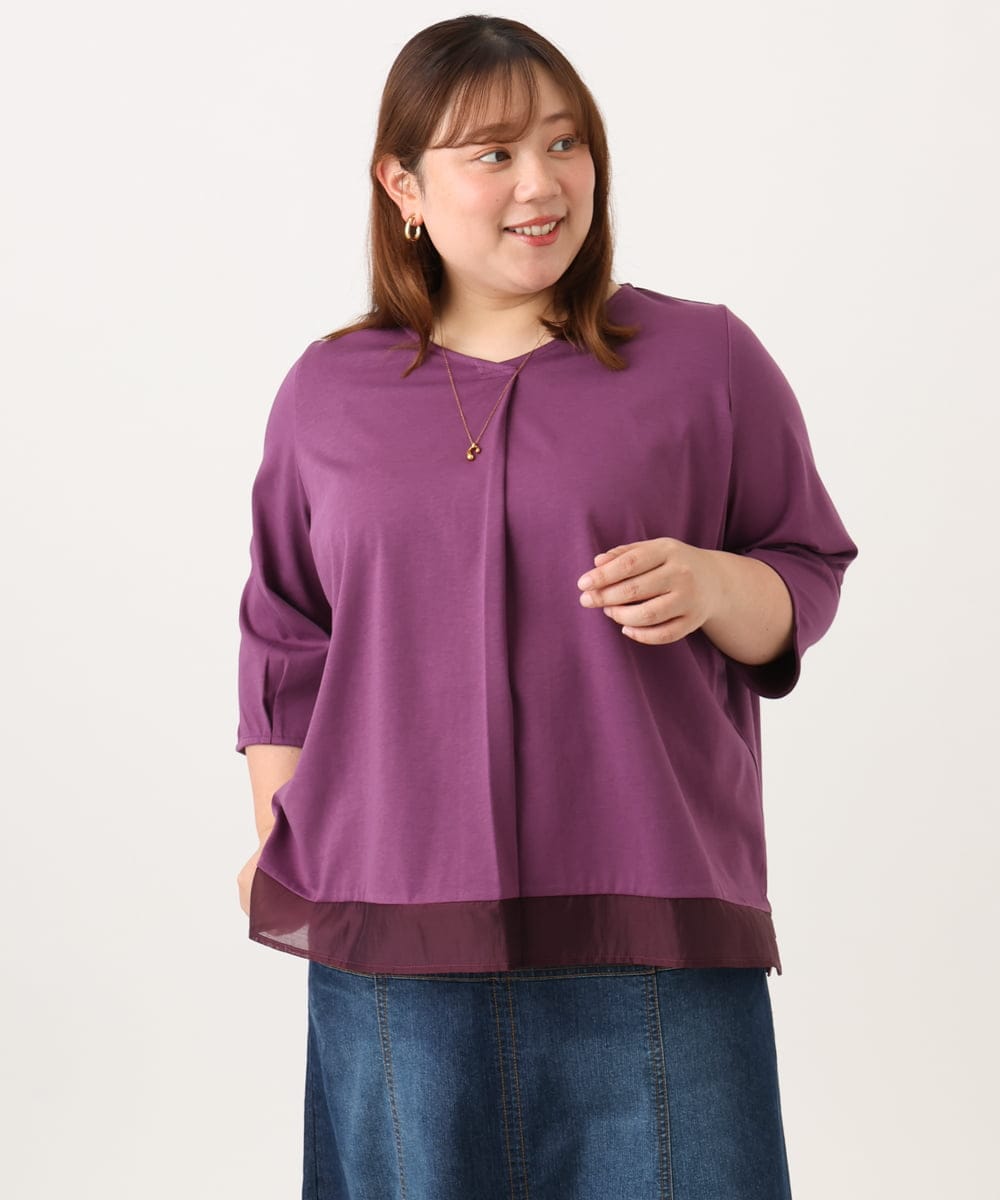 OLKJD01079 eur3(エウルキューブ) 【大きいサイズ/接触冷感/UVカット】Vネック裾シア―カットソー パープル